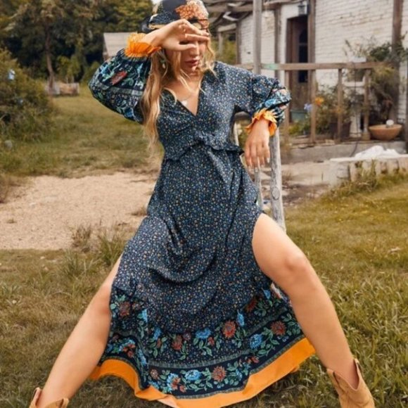 Boho blue Ditsy Floral Flounce long Sleeve Split Thigh Maxi Cottagecore Dress - Picture 4 of 6